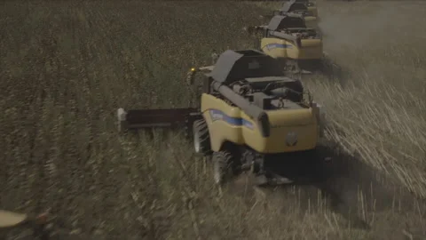 Harvesters are working in the field Stock Footage 200868709