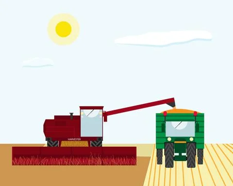 Harvesting from the fields. The work of the combine and the tractor to collec Stock Illustration