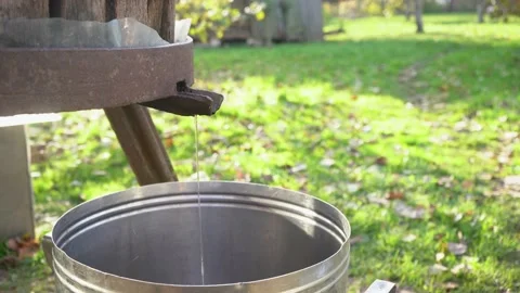 Harvesting fruit juice at home using into a metal tank old method. Beautiful Stock Footage 167660560