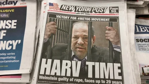 Harvey Weinstein GUILTY newspaper headlines. Front pages. Stock Footage 125530748