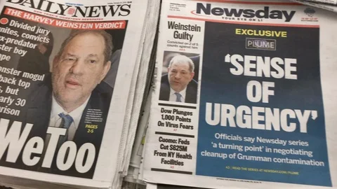 Harvey Weinstein GUILTY newspaper headlines. Front pages. Stock Footage 125530885