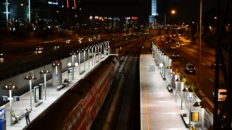 Hashalom Train Station and Ayalon Highway At Night - Israel Stock Footage 40882385