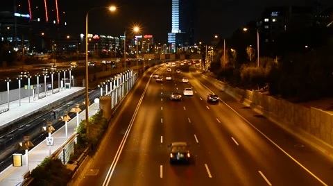Hashalom Train Station and Ayalon Highway At Night - Israel Stock Footage 40884802