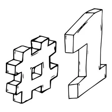 Hashtag and 1 icon. Vector illustration of 3d hashtag and number 1. Hand draw Stock Illustration