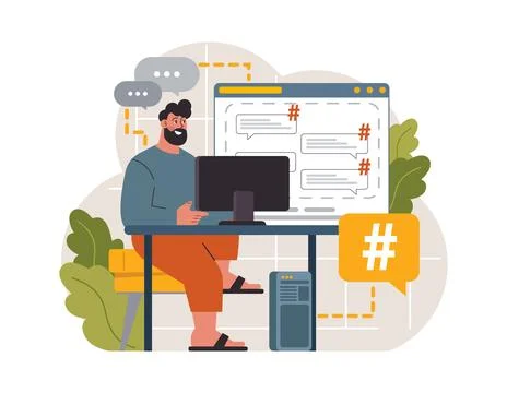 Hashtag. Character using digital device for sending posts and sharing Stock-Illustration