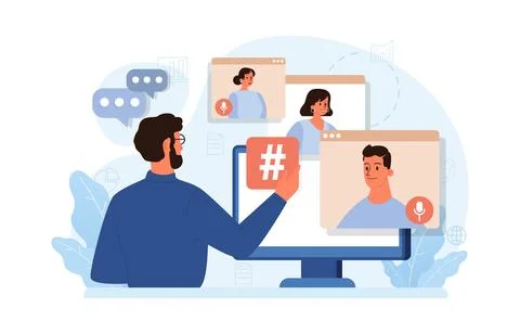 Hashtag. Character using digital device for sending posts and sharing Stock-Illustration