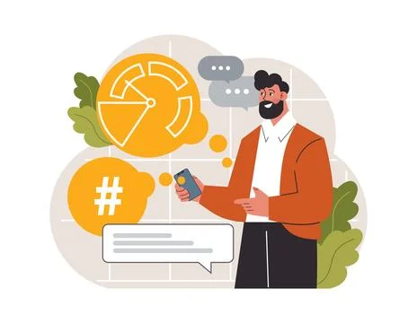 Hashtag. Character using digital device for sending posts and sharing Stock-Illustration
