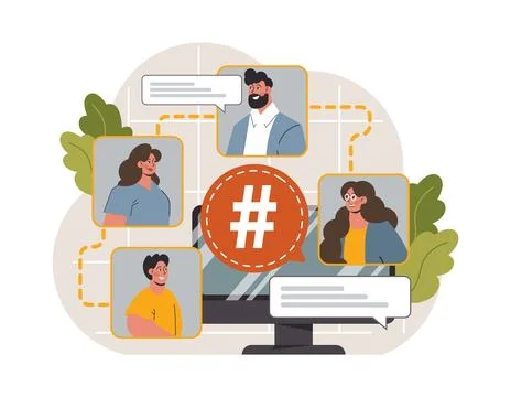 Hashtag. Character using digital device for sending posts and sharing Stock-Illustration