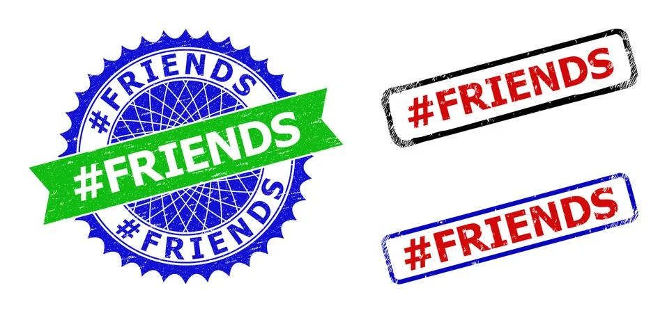 Hashtag FRIENDS Rosette and Rectangle Bicolor Stamp Seals with Distress Style Ilustración de archivo