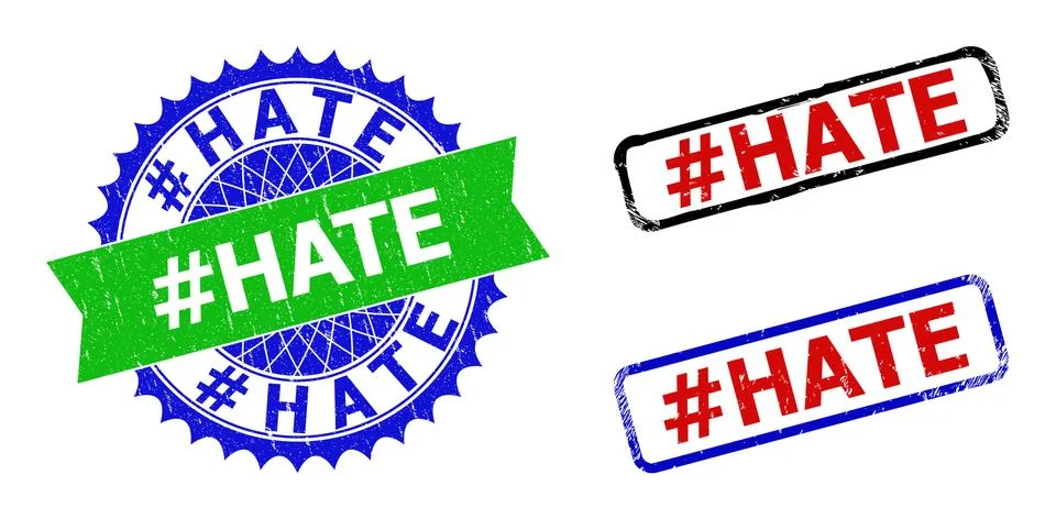 Hashtag HATE Rosette and Rectangle Bicolor Badges with Grunged Surfaces Illustrazione stock