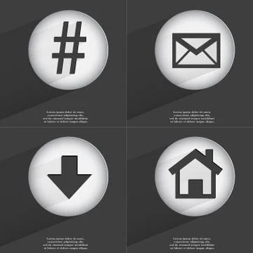 Hashtag, Message, Arrow directed down, House icon sign. Set of buttons with a fl Stock Illustration