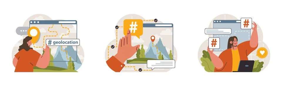 Hashtag set. Character using digital device for sending posts and sharing Stock-Illustration