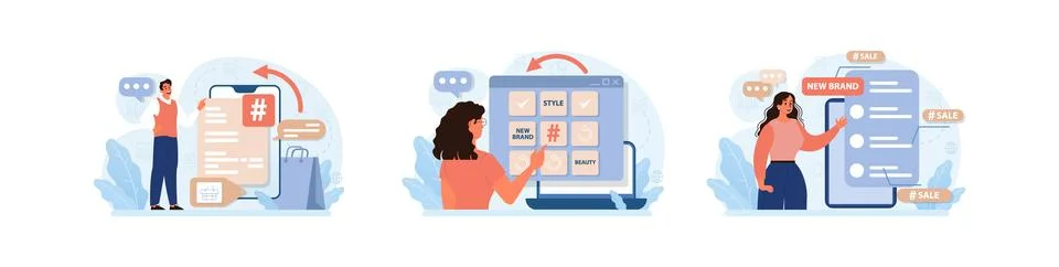Hashtag set. Character using digital device for sending posts and sharing Stock-Illustration