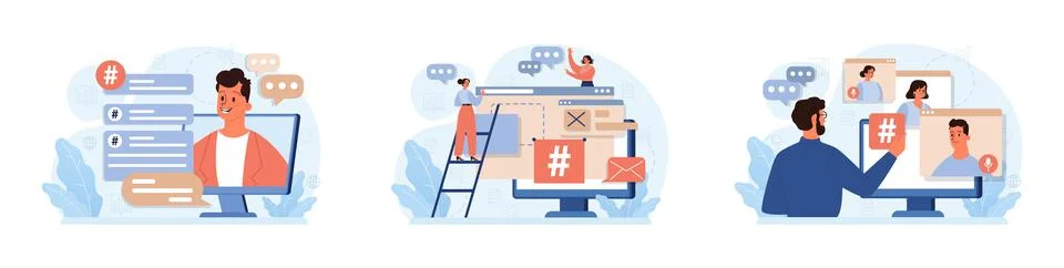 Hashtag set. Character using digital device for sending posts and sharing Stock-Illustration