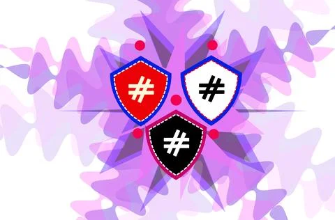 Hashtag Shields Trio Over Abstract Purple Background Representing Social Me.. Ilustração Stock
