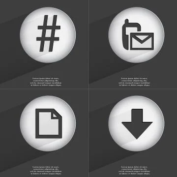 Hashtag, SMS, File, Arrow directed down icon sign. Set of buttons with a flat de Stock Illustration