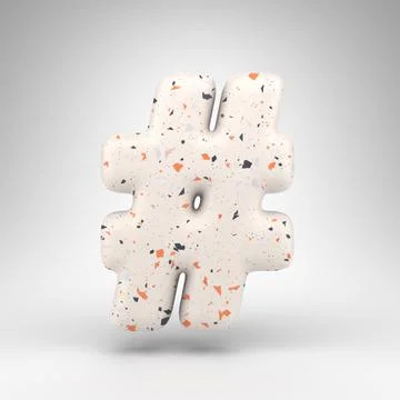 Hashtag symbol on white background. 3D sign with terrazzo pattern texture. Stock Illustration