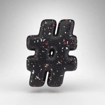 Hashtag symbol on white background. 3D sign with black terrazzo pattern textu Stock Illustration