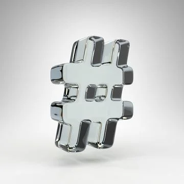 Hashtag symbol on white background. Camera lens transparent glass 3D sign with Stock Illustration