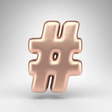 Hashtag symbol on white background. Matte copper 3D sign with shiny metallic Stock Illustration