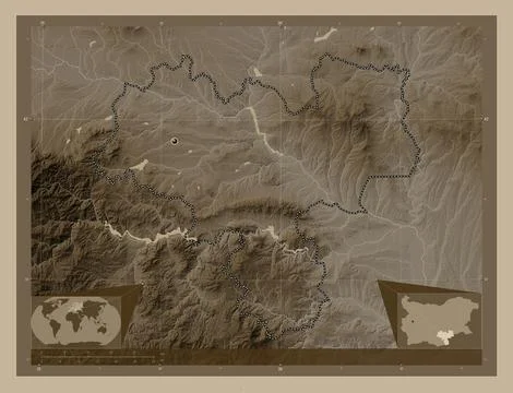 Haskovo, Bulgaria. Elevation map colored in sepia tones with lakes and rivers イラスト素材