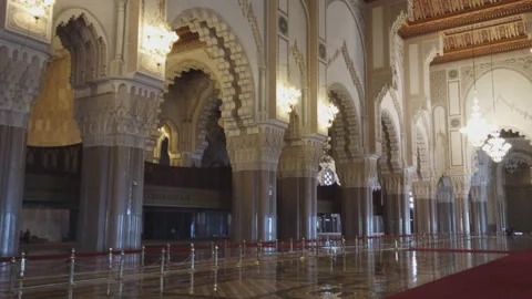 Hassan II Mosque interior corridor with columns in Casablanca Morocco. Video stock 145035133
