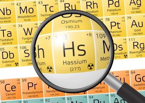 Hassium from Periodic Table of the Elements with magnifying glass Stock Illustration