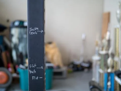Hastily scribbled exercise markers on weight rack Stock Photos