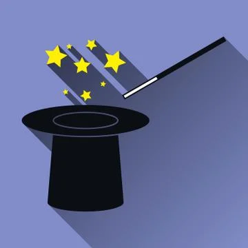 Hat and Magic Wand Icon, Long Shadow, Vector Illustration Stock Illustration