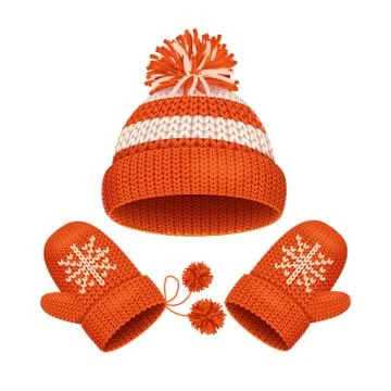Hat and Mitten Set Winter Accessories. Vector Stock Illustration