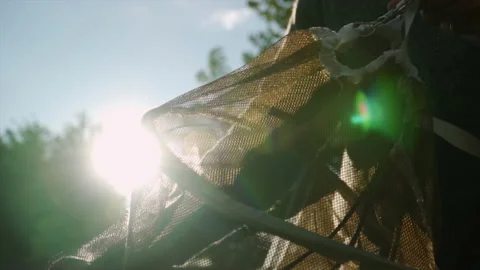 An hat for beekeeping at sunset in backlight Stock Footage 146976890