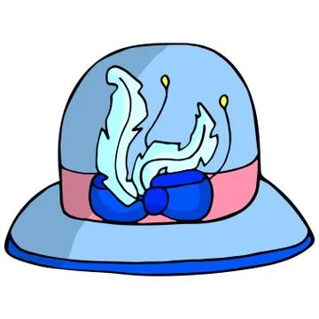 Hat blue with a bow and feathers. Women's accessories. Stock Illustration