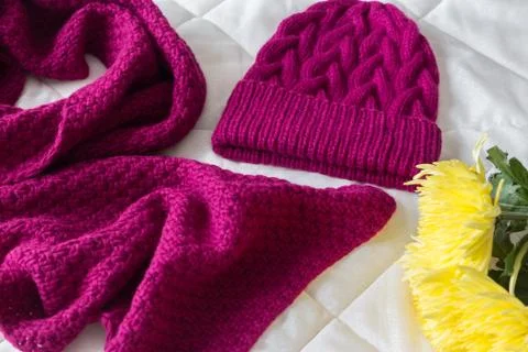 Hat bound manually of dark red wool Stock Photos