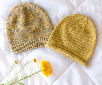 Hat bound manually of different color wool and natural flower Stock Photos