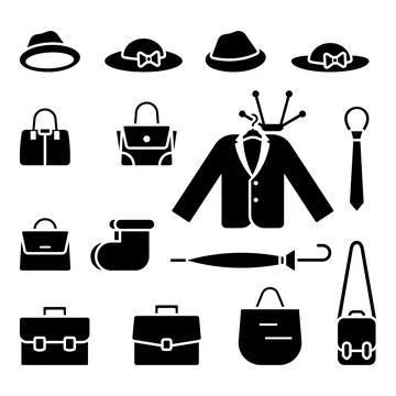 Hat, cap, bag, briefcase, jacket, blazer, tie, boots, umbrella icon vector Stock Illustration