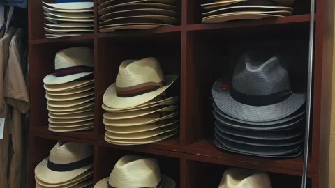 Hat Display Shelf with Stacked Fedoras Stock Footage 321748004