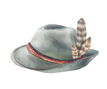 Hat with feather decorated by three ribbons color of German flag. Watercolor Stock Illustration