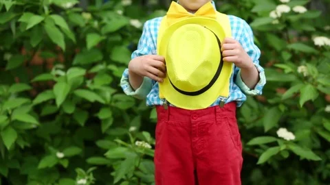 Hat in hands of boy in red trousers, checkered shirt and yellow bow tie Stock Footage 70629539