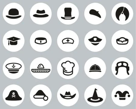 Hat Icons Black &amp; White Flat Design Circle Set Big Stock Illustration