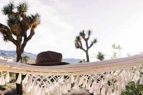 Hat lying on the hammock with Joshua trees on the background, boho lifestyle Stock Photos