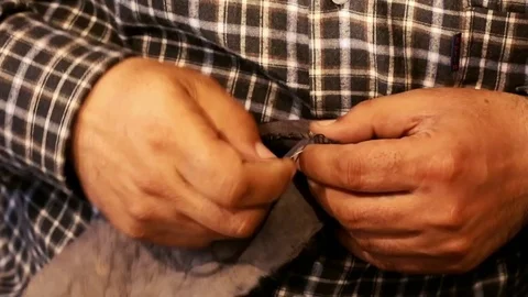 Hat-maker works. Hat making process. Astrakhan hat from original wool and leathe Stock Footage 81477857