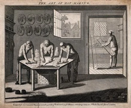 Hat makers: interior view, various implements used in the making of hats. E.. Illustrazione stock