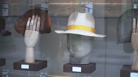 Hat on the mannequin window shopping Retail fashion store shop front, London uk Stock Footage 146245833