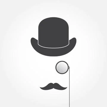 Hat, monocle, mustache. Old fashioned gentleman accessories icons set. Stock Illustration