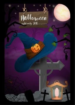 The hat next to scary pumpkins and witch broom illustration design for decora Stock Illustration