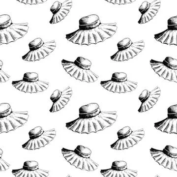 Hat pattern. Hand drawn women's straw hats in sketch style on transparent bac Stock Illustration