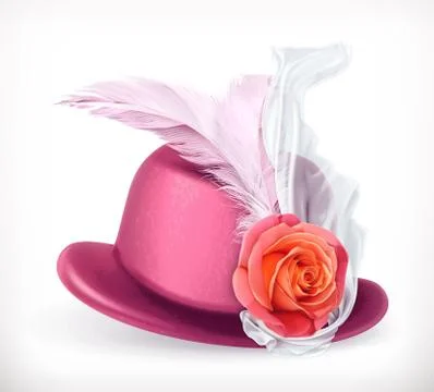 Hat with rose and feathers, vector icon Stock Illustration