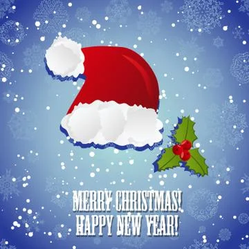 Hat of santa claus and mistletoe, new year greeting card. Stock Illustration