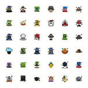 Hat Scalable Vector Set featuring 36 PIXEL Perfect LineFilled 64x64 Icons Stock Illustration