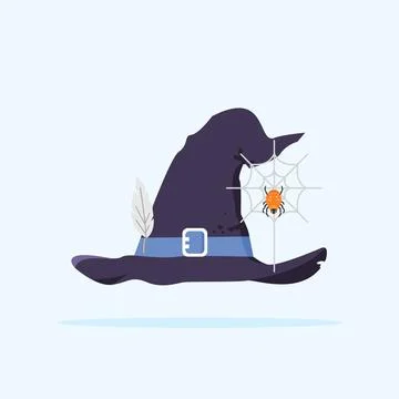 Hat with spider web and cartoon feathers. Stock Illustration